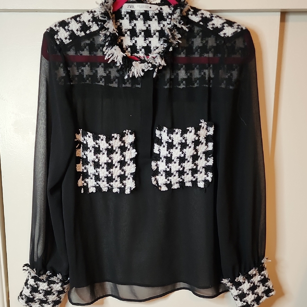 Zara Black and White Sheer And Houndstooth Blouse